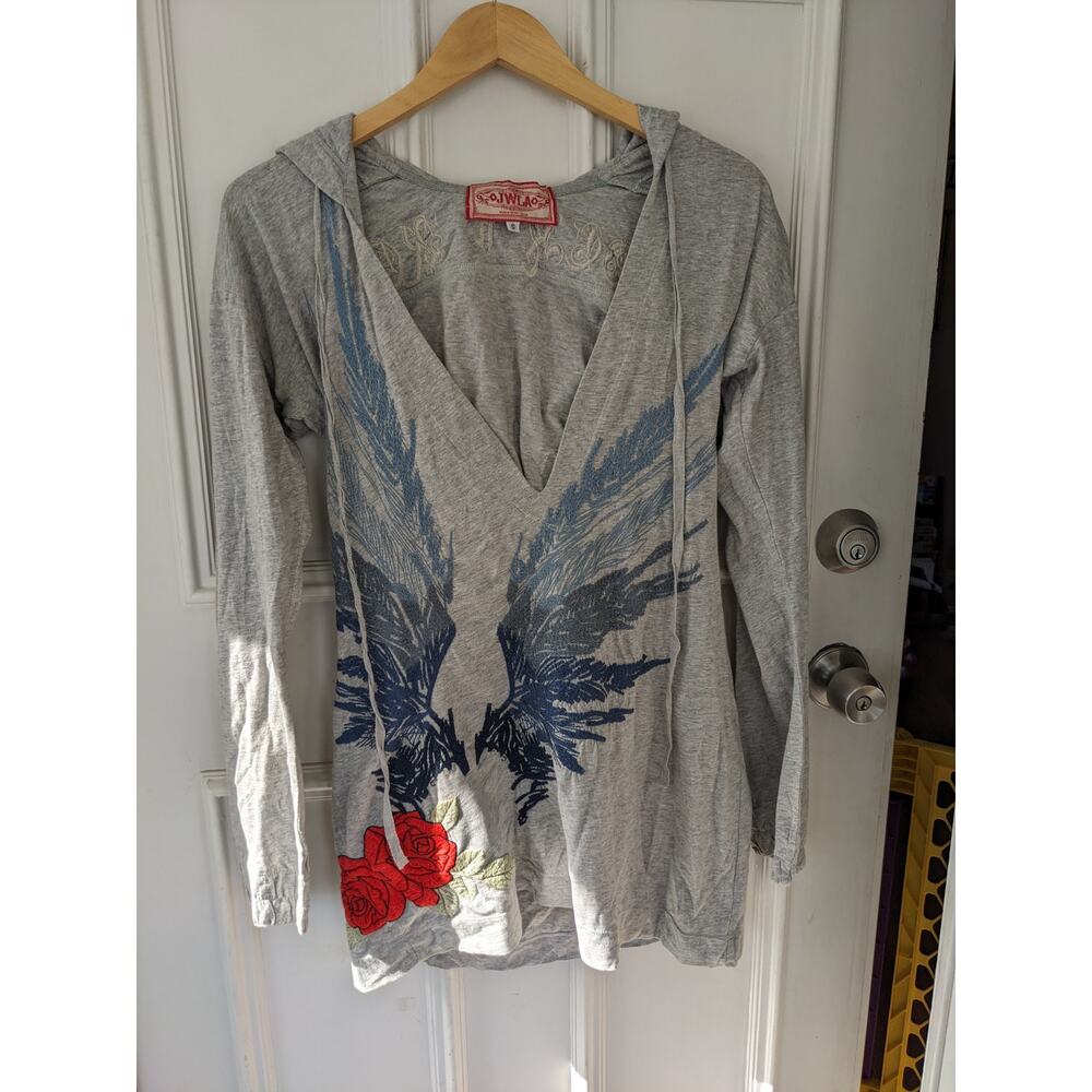 Johnny Was long sleeve with hood,' rock and roll' embroidery wings, roses cotton